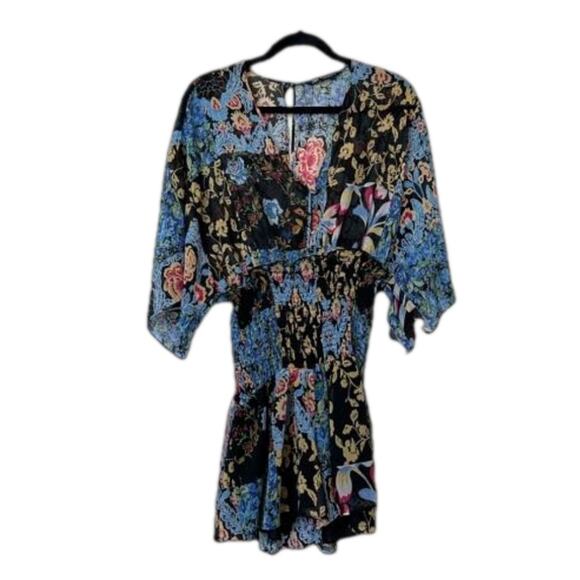 Zara NEW Patchwork Floral Print Multicolor Romper Semi Sheer Smocked Waist Sz M - Picture 1 of 14